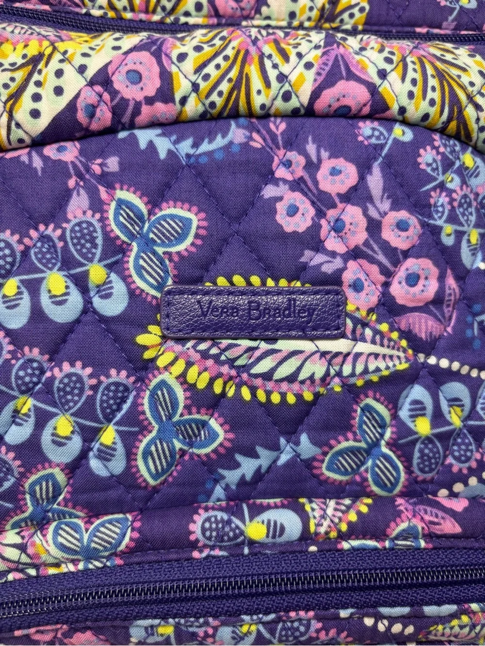Vera Bradley Purple Floral Paisley Quilted Backpack Pink & Yellow Accents travel